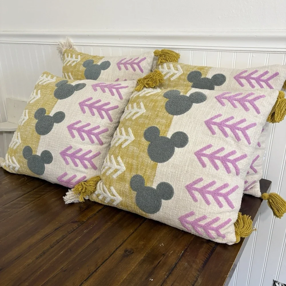 Set of 4 Disney Parks Mickey Mouse Throw Pillow Home Collection Pink Yellow Gray